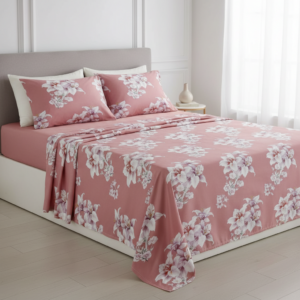 Σετ Υπέρδιπλα Σεντόνια Ροζ με λουλούδια με Λάστιχο